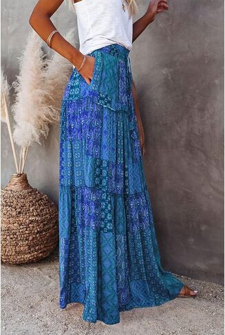 Womens Boho Tiered High Waist Tie Paisley Floral Print Long Maxi Skirt with Pockets in Saudi Arabia