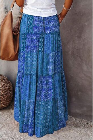 Womens Boho Tiered High Waist Tie Paisley Floral Print Long Maxi Skirt with Pockets in Saudi Arabia