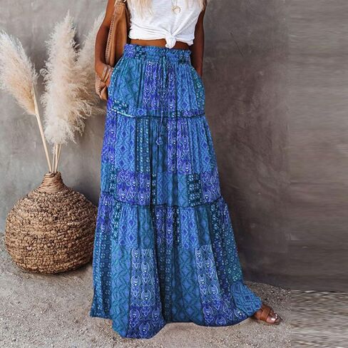 Womens Boho Tiered High Waist Tie Paisley Floral Print Long Maxi Skirt with Pockets in Saudi Arabia