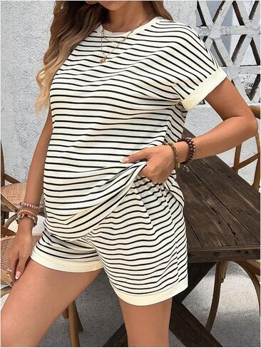 OYOANGLE Women's Maternity 2 Piece Outfit Striped Crew Neck Tee Top and Shorts Pregnancy Set in Saudi Arabia