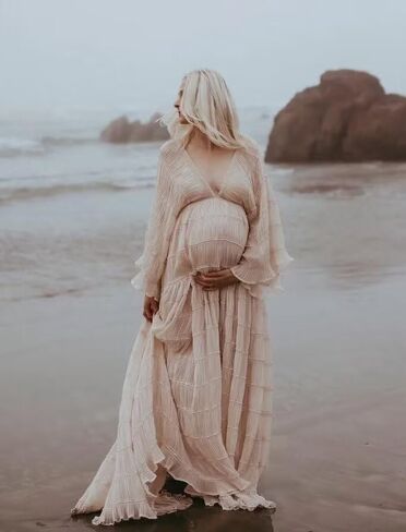 Tulle Maternity Robe for Photoshoot V Neck Long Sleeve Pregnancy Baby Shower Puffy Slit Ruffle Bridal Lingerie in Saudi Arabia