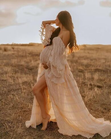 Tulle Maternity Robe for Photoshoot V Neck Long Sleeve Pregnancy Baby Shower Puffy Slit Ruffle Bridal Lingerie in Saudi Arabia