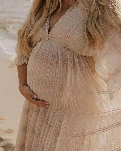 Tulle Maternity Robe for Photoshoot V Neck Long Sleeve Pregnancy Baby Shower Puffy Slit Ruffle Bridal Lingerie in Saudi Arabia