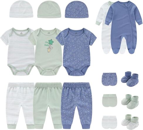 Baby Boys Girls 17 قطعة Cotton Layette مجموعة ملابس وملحقات للجنسين وملحقات الأطفال حديثي الولادة من 0 إلى 3 أشهر in Kuwait