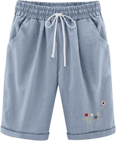 QWENTMTNTY Womens Cotton Linen Bermuda Shorts Elastic Waist Casual Summer Plus Size Shorts with Pockets Workout Beach Shorts in Saudi Arabia