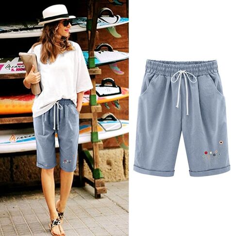 QWENTMTNTY Womens Cotton Linen Bermuda Shorts Elastic Waist Casual Summer Plus Size Shorts with Pockets Workout Beach Shorts in Saudi Arabia