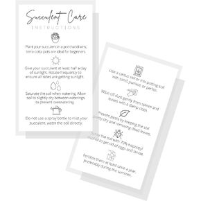 Succulent Care Instruction Cards | Physical Printed 2" x 3.5" inches Business Card Size | Plant Care | White and Black Design