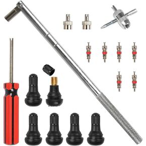 17 PCS Tire Valve Stem Tool Puller and Installer Kit, 6 Pcs TR412 Snap-in Valve Stems with Valve Stem Cores, Easily Replace Your Old Tubeless Valve Stems,Single Head Tire Valve Core Remover