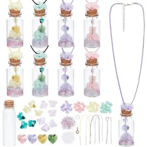 Flower Glass Bottle Necklace Kit Wishing Jar Bottles Hanging Ornaments Small Glass Bottle with Cork Stoppers Necklace Cord 12 Sets for Fairy Birthday Wedding Party Favors Home Decoration