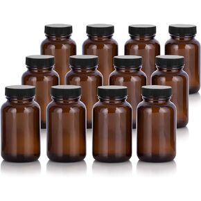 Amber 4 oz Glass Packer Bottle with Black Ribbed Lid (12 pack)