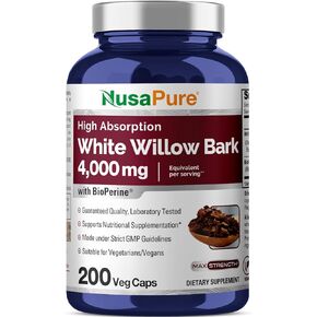 NusaPure White Willow Bark 4000mg, 200 Veggie Capsules, Max Strength, Non-GMO, Bioperine, Herb Extract