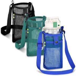 3Pcs Water Bottle Holder with Strap, Mesh Water Bottle Bag Carrier with Adjustable Shoulder, Water Bottle Carrier with Strap and Pouch for Walking & Travelling