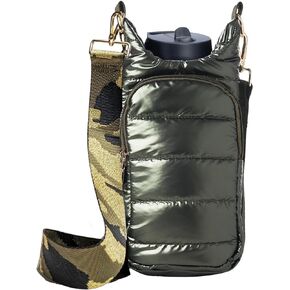 Puffer Quilted Water Bottle Carrier Bag with Strap, Crossbody Water Bottle Holder with Adjustable Shoulder, Lightweight Water Bottle Sling Bag with Phone Pocket, Bottle Pouch for Outdoors