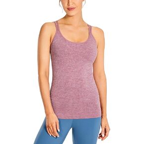 CRZ YOGA Women's Seamless Workout Tank Tops with Built-in Bra Strappy Back Slim Fit Ribbed Sports Yoga Tops