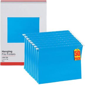 1InTheOffice Letter Size Hanging File Folders, Hanging File Folders with Tabs, Blue Hanging File Folders, Adjustable Tabs, 1/5 Tabs, 11 pt, 50 Pack