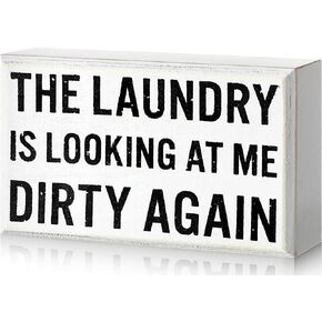 Farmhouse Laundry Room Decor Laundry Box Sign Funny Laundry Room Signs Rustic The Laundry Is Looking at Me Dirty Again Wood Box Sign for Home Bathroom Decoration, 5.5 x 6 x 1.77 Inches (Cute Color)