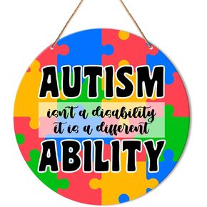 Autism Awareness Sign Decor, Autism Hanging Sign Decor Wall Decorations Wood Sign for Door, Home, Classroom, Gift for Autism Family Mom, Autism Isn't a Disability It Is a Different Ability