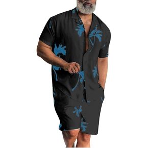 chouyatou Men's Summer Hawaiian Coconut Palm Print 2 Piece Outfits Button Down Shirt and Shorts Sets