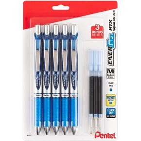 Pentel Energel 0.7 mm Liquid Gel Ink Pens - Pack of 5 Blue Deluxe RTX Pentel Pens with 3 Refills