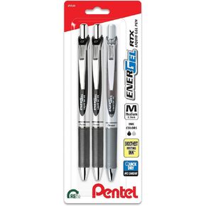 EnerGel RTX Retractable Liquid Gel Pen, 0.7mm, Scholar Hue, 2 Black and 1 Gray Ink, Pack of 3 Pens (BL77LEFBP3M)