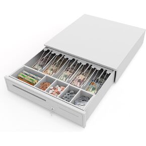 Flexzion Cash Drawer for Small Businesses - Gray, 16-inch Metal Cash Register with Electronic RJ-11 Point of Sale (POS) Connection, 5 Bill 5 Coin Slots - Compatible with Star, Epson, Citizen Printers