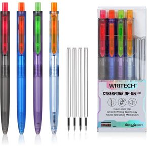 WRITECH Gel Pens Fine Point: Black Ink 0.5mm Retractable Pen No Smear 4ct with 4 Refills Quick Dry Smooth Writing Silent Click for Journaling Note Taking Cyberpunk Up-Gel