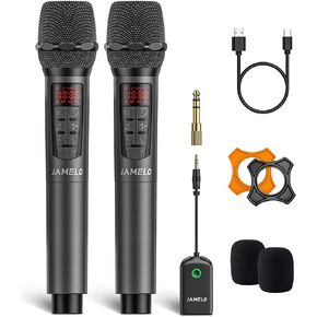 Wireless Microphone with Rechargeable Receiver, 2.4GHz Dual Handheld Metal Dynamic Cordless Mics Set, Echo Equalizer Professional Karaoke Microphone System for Singing,DJ,Church,Party