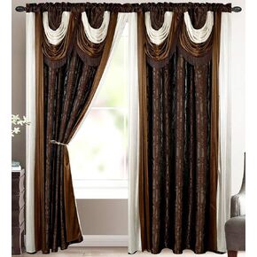 v Bella Luxury Jacquard Curtain Panel with Attached Waterfall Valance & Scarf 54 by 84-Inch Beige