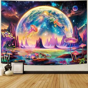 Serborlur Blacklight Planet Tapestry UV Reactive Galaxy Space Tapestry Fantasy Mountain Tapestry Neon Mushroom Jellyfish Tapestry Wall Hanging for Bedroom Living Room (51.2 × 59.1 inches)