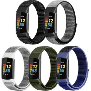 أحزمة ساعة بحلقة من النايلون متوافقة مع Fitbit Charge 5، 5 عبوات قابلة للتعديل وناعمة قابلة للتنفس، أشرطة بديلة لسوار المعصم لشحن 5 نساء والرجال