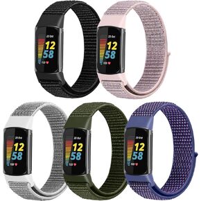 Nylon Loop Watch Bands Compatible with Fitbit Charge 5 Bands, 5 Pack Adjustable Soft Breathable Sport Loop Wristband Replacement Straps for Charge 5 Women Men