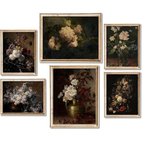 Whaline 6Pcs Dark Botanical Gallery Wall Art Prints Dark Academia Wall Decor Peony Vintage Oil Painting Floral Wall Art Poster for Gallery Bedroom Living Room(UNFRAMED)