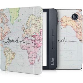 kwmobile Case Compatible with Kobo Libra H2O Case - eReader Cover - Travel Black/Multicolor