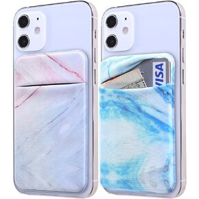 Phone Wallet Card Holder for Phone Case Sleeves Stick On Wallet for Cell Phone Card Holder Durable Adhesive Sticker ID Credit Card Holder for Back of Phone (MarbleBlue/Brown)