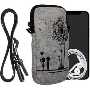 kwmobile Felt Phone Bag with Design XXL - 7" - 6.9 x 3.3 inches (17.7 x 8.5 cm) Strap Holder - Dandelion Love Black/Light Grey