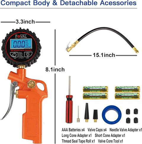 FOVAL Digital Tire Inflator with Pressure Gauge 250 PSI Air Chuck Compressor Accessories with Rubber Hose and Quick Connect Coupler for 0.1 Display Resolution (2) in Saudi Arabia