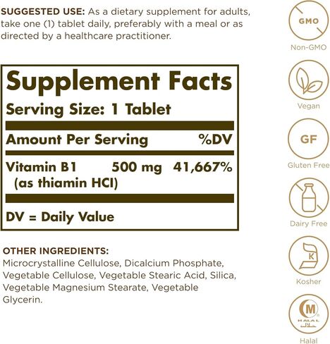 Solgar Vitamin B1 (Thiamin) - 100 Tablets - Super Potency, 500mg Formula - Non-GMO, Vegan, Gluten Free, Kosher, Halal - 100 Servings in Saudi Arabia