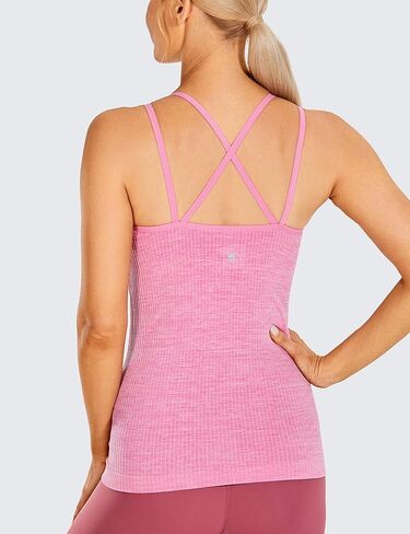 CRZ YOGA Women's Seamless Workout Tank Tops with Built-in Bra Strappy Back Slim Fit Ribbed Sports Yoga Tops in Saudi Arabia