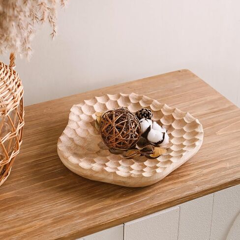 NIKKY HOME Hand Carved Dough Bowls, Natural Rubberwood Irregular Serving Bowl Honeycomb Carving Decorative Wooden Jewelry Tray in Saudi Arabia