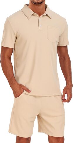 Men's Polo Shirt and Shorts Set Summer 2 Piece Outfits Fashion Casual Waffle Short Sleeve Polo Suit for Men Tracksuit in Saudi Arabia