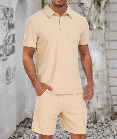 Men's Polo Shirt and Shorts Set Summer 2 Piece Outfits Fashion Casual Waffle Short Sleeve Polo Suit for Men Tracksuit in Saudi Arabia