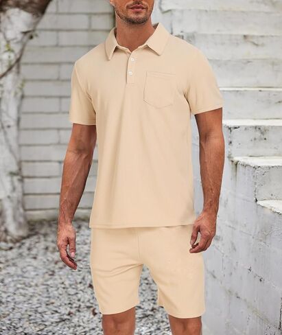 Men's Polo Shirt and Shorts Set Summer 2 Piece Outfits Fashion Casual Waffle Short Sleeve Polo Suit for Men Tracksuit in Saudi Arabia