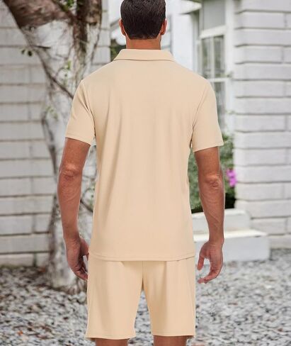 Men's Polo Shirt and Shorts Set Summer 2 Piece Outfits Fashion Casual Waffle Short Sleeve Polo Suit for Men Tracksuit in Saudi Arabia