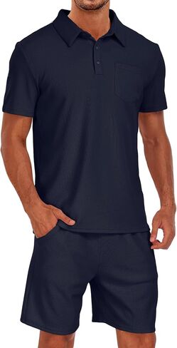 Men's Polo Shirt and Shorts Set Summer 2 Piece Outfits Fashion Casual Waffle Short Sleeve Polo Suit for Men Tracksuit in Saudi Arabia