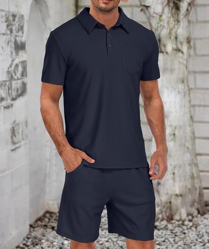 Men's Polo Shirt and Shorts Set Summer 2 Piece Outfits Fashion Casual Waffle Short Sleeve Polo Suit for Men Tracksuit in Saudi Arabia