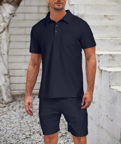 Men's Polo Shirt and Shorts Set Summer 2 Piece Outfits Fashion Casual Waffle Short Sleeve Polo Suit for Men Tracksuit in Saudi Arabia