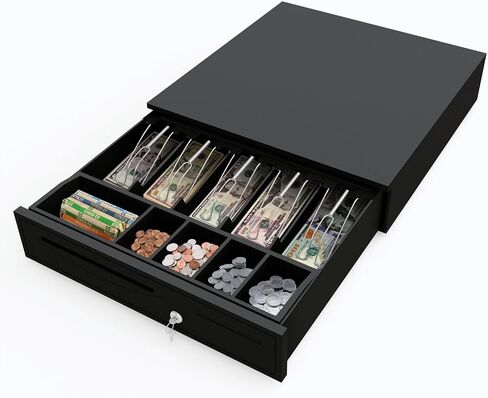 Flexzion Cash Drawer for Small Businesses - Gray, 16-inch Metal Cash Register with Electronic RJ-11 Point of Sale (POS) Connection, 5 Bill 5 Coin Slots - Compatible with Star, Epson, Citizen Printers in Saudi Arabia