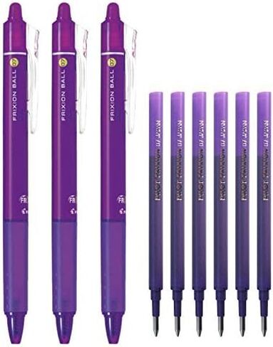 Pilot FriXion Ball Knock Retractable Erasable Gel Ink Pens, Extra Fine Point 0.7mm, Violet Ink, 3 Pens & 6 Refills Value Set in Kuwait