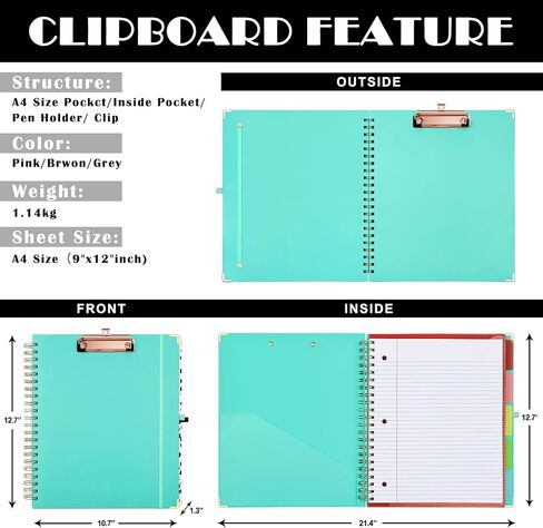 5 Subject Notebook Hardcover Clipboard with Storage Spiral Notebook with Pocket Dividers 160 Pages Thick Paper 8.5x11 College Ruled Notebooks in Saudi Arabia