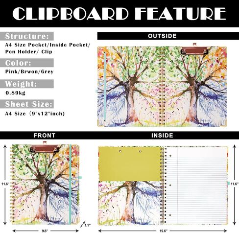 5 Subject Notebook Hardcover Clipboard with Storage Spiral Notebook with Pocket Dividers 160 Pages Thick Paper 8.5x11 College Ruled Notebooks in Saudi Arabia